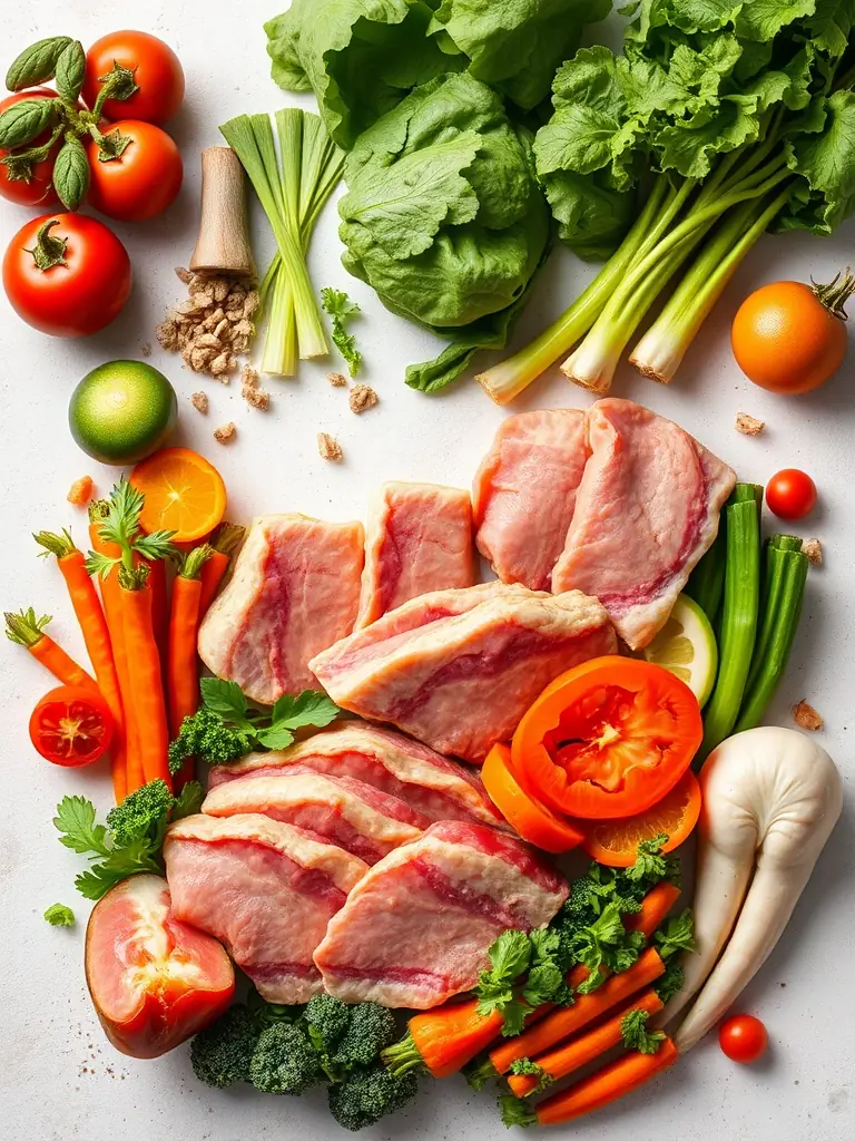 A vibrant display of fresh, high-quality ingredients, including organic vegetables, premium cuts of meat, and sustainably sourced seafood, used in Kenichi's bento boxes.