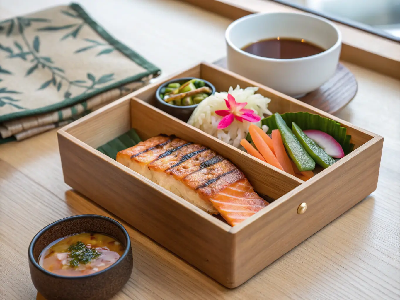 A visually appealing image showcasing a variety of colorful and fresh ingredients used in Kenichi's bento boxes, including sushi-grade fish, organic vegetables, and artisanal sauces, highlighting the diversity and quality of the components.