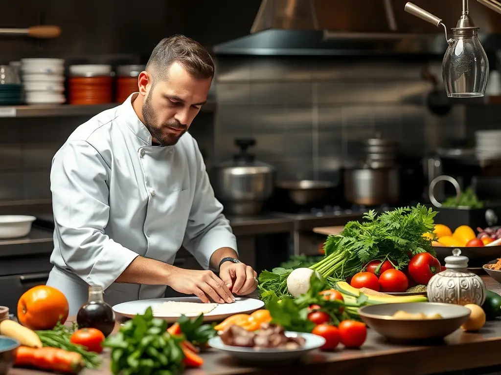 A photograph of a Michelin-starred chef carefully inspecting a selection of premium ingredients, including fresh herbs, spices, and exotic vegetables, emphasizing the culinary expertise behind Kenichi's bento boxes.