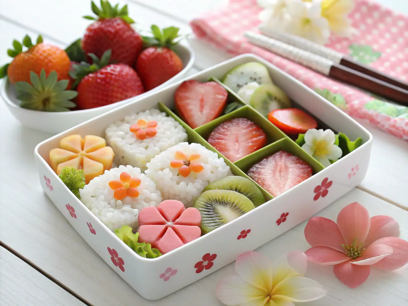 A close-up shot of a chef's hands meticulously arranging fresh, vibrant vegetables and premium cuts of fish in a bento box, showcasing the attention to detail and artistry involved in creating each meal at Kenichi.