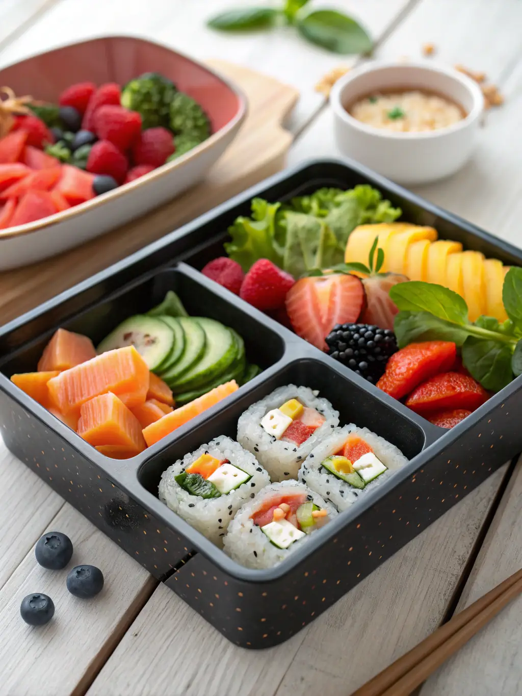 A chef presenting a beautifully crafted bento box, emphasizing the artistic presentation and attention to detail that defines Kenichi's culinary creations.