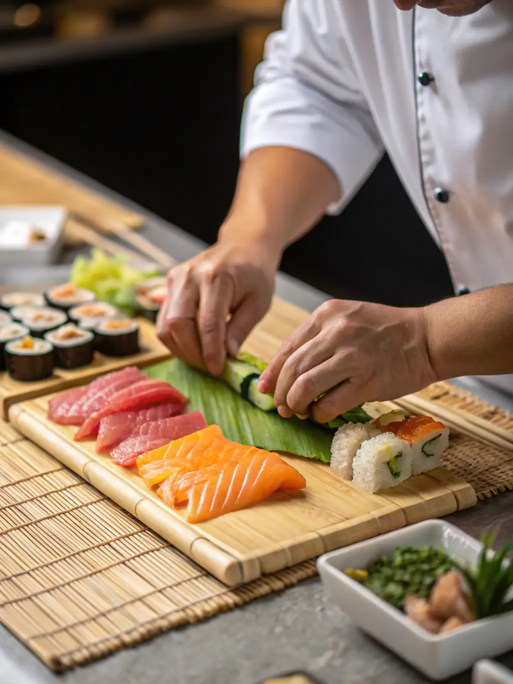 A close-up shot of a chef meticulously arranging ingredients in a bento box, showcasing the precision and care that goes into each meal at Kenichi.